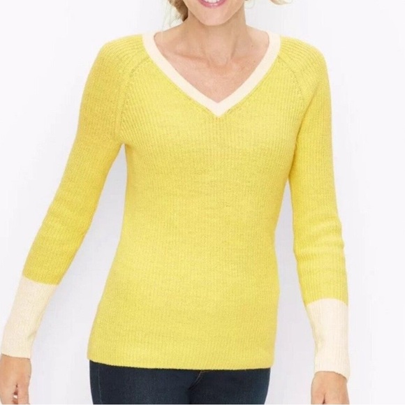 Talbots Sweaters - Talbots Chic Sporty Retro Yellow V-Neck Contrast Trim Sporty Sweater Wm's XS NWT